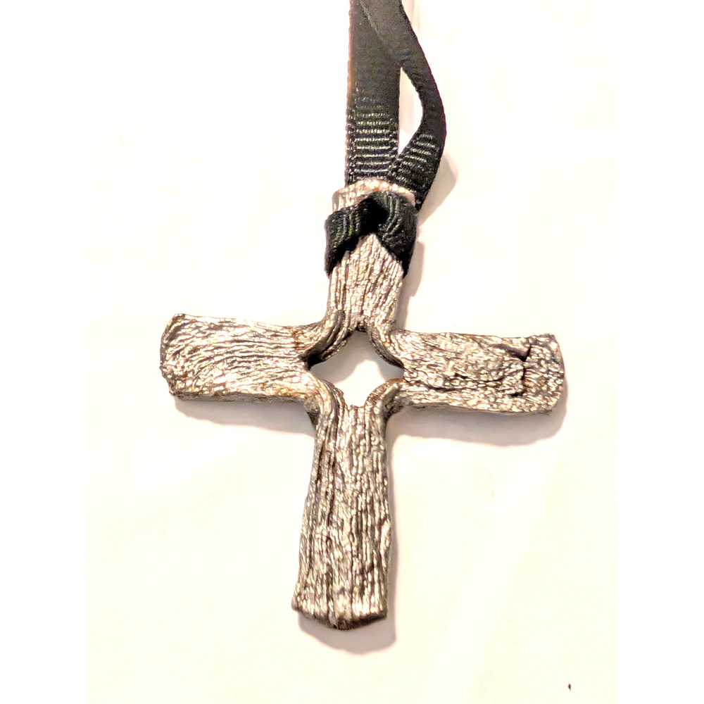 Gothic Pendant Necklace Large Cross, Black Ribbon, Primitive Handmade Bn